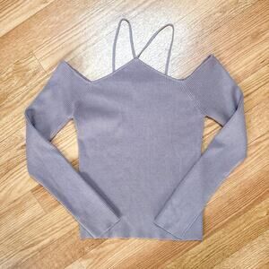 Bohme Ribbed Knit Criss Cross Cold Shoulder Sweater Lavender Small